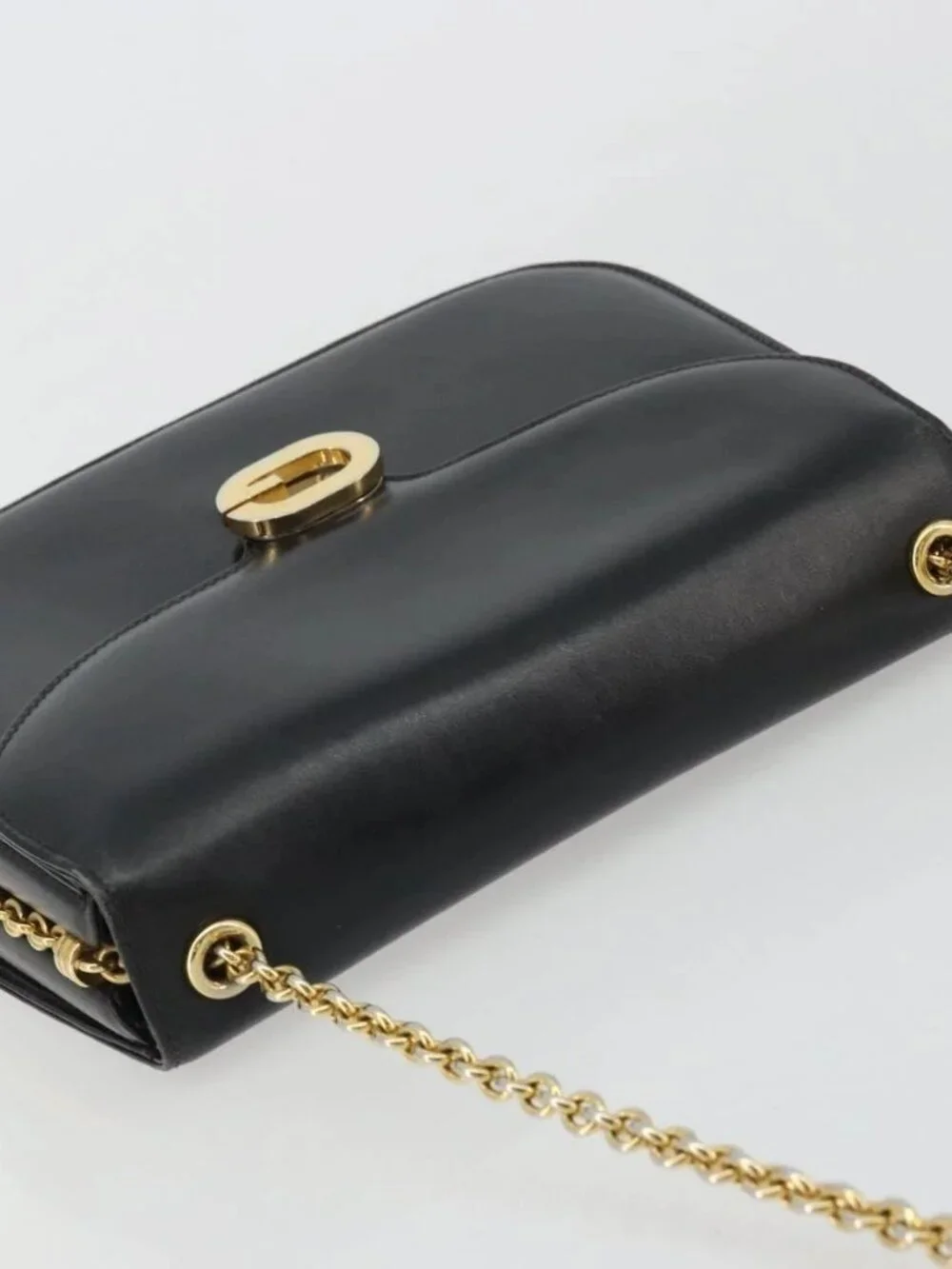 GUCCI Chain Shoulder Bag Leather Black Gold Auth 175138